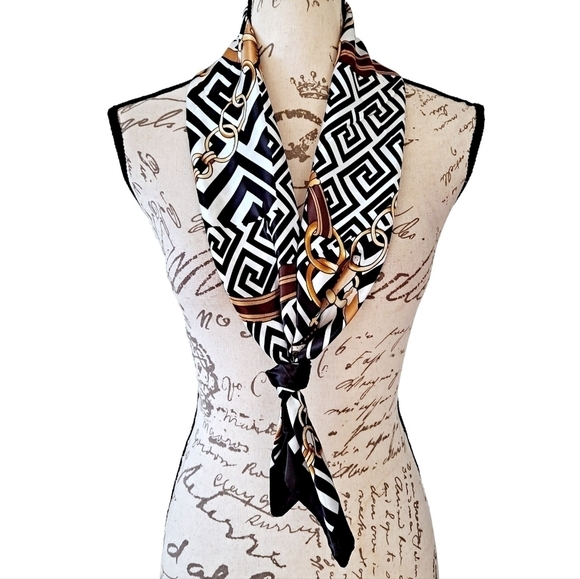 Satin square scarf Equestrian bridle Horse black white retro hair neck 💖2/$30 - Picture 1 of 14